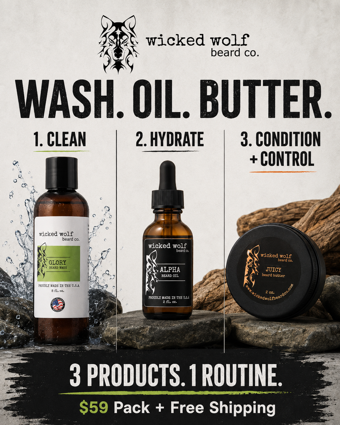 Wicked Wolf Beard Co. 3-product beard care routine set: Glory Warm Palm soap, Alpha Shea Butter, and Sticky Wound Balmer, displayed in bottles and a jar on rocks with a textured beige background and promotional text.