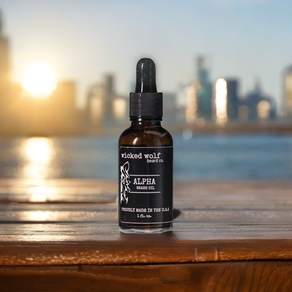 “Alpha scent beard oil – Wicked Wolf label detail, premium grooming product image”