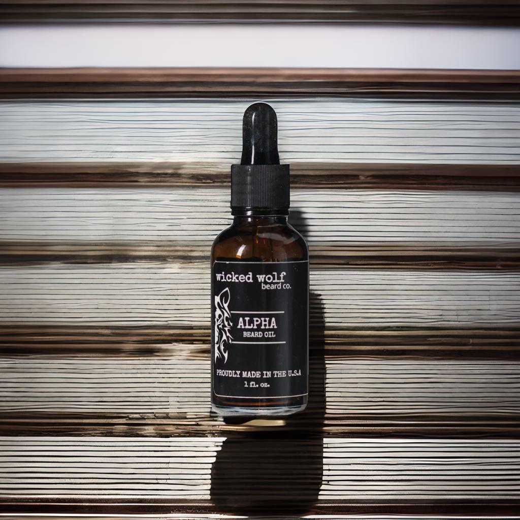 “Wicked Wolf Alpha scent beard oil – overhead product photo, tobacco vanilla aroma”