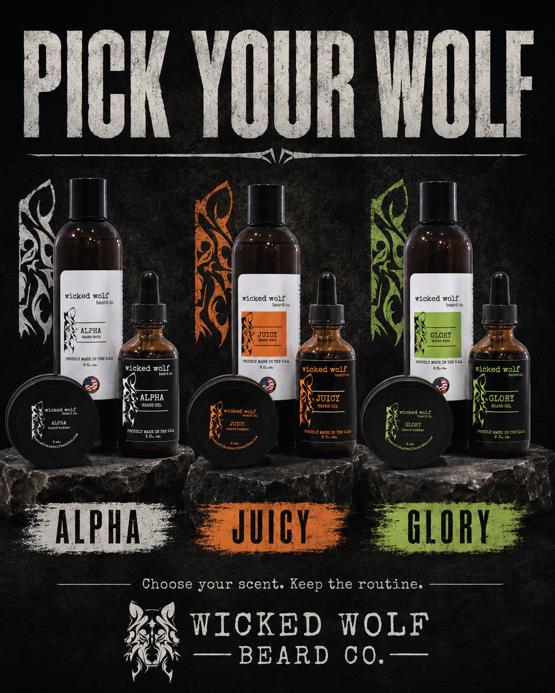 Three scented beard care product sets from Wicked Wolf Beard Co. labeled Alpha, Juicy, and Glory, displayed on dark stone blocks with large 'PICK YOUR WOLF' text above and the brand name below.